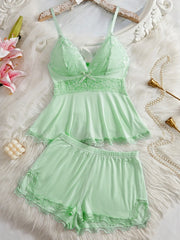 NINONERA Plain Lace Patchwork Bow Decor Cami Top & Shorts PJ Set — Green