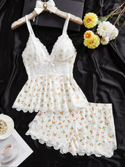 NINONERA Plain Lace Patchwork Bow Decor Cami Top & Shorts PJ Set — White floral