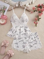 NINONERA Plain Lace Patchwork Bow Decor Cami Top & Shorts PJ Set — White Heart