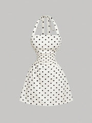NINONERA Plain Ruched Tie Back Halter Neck Dress — Black dot print