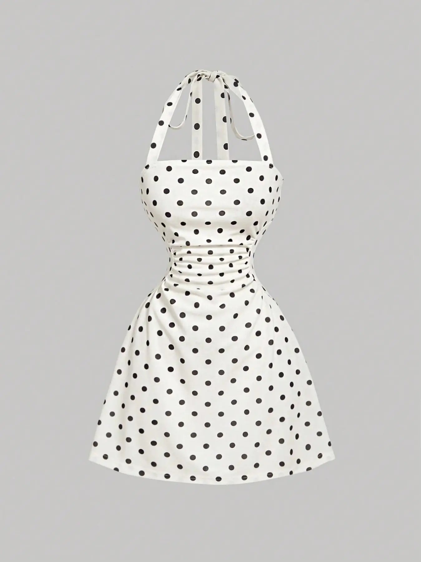 NINONERA Plain Ruched Tie Back Halter Neck Dress — Black dot print
