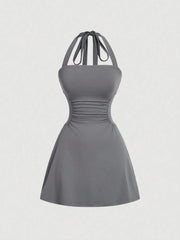 NINONERA Plain Ruched Tie Back Halter Neck Dress — Dark Gray