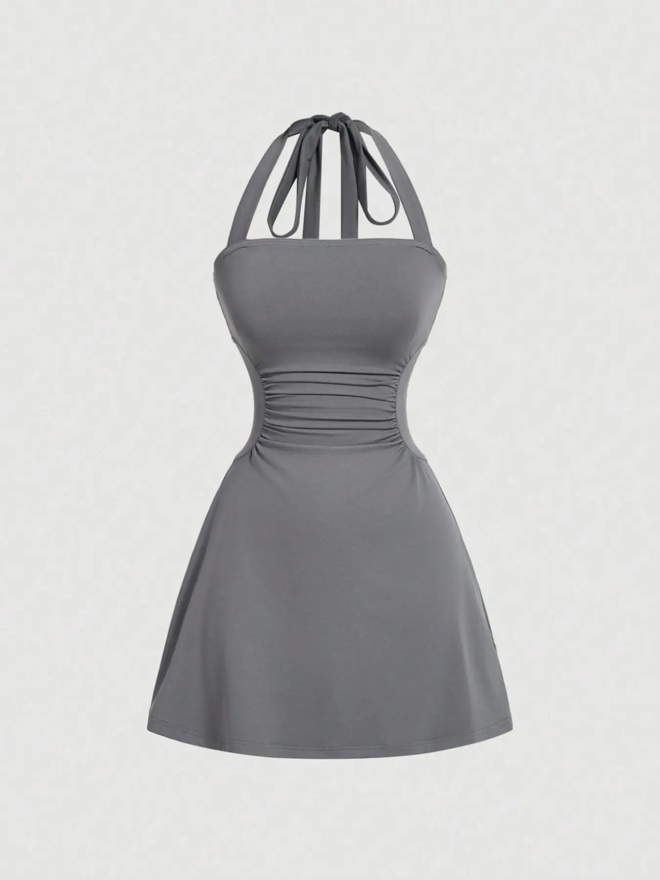 NINONERA Plain Ruched Tie Back Halter Neck Dress — Dark Gray