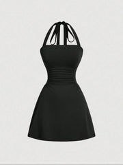 NINONERA Plain Ruched Tie Back Halter Neck Dress — Black