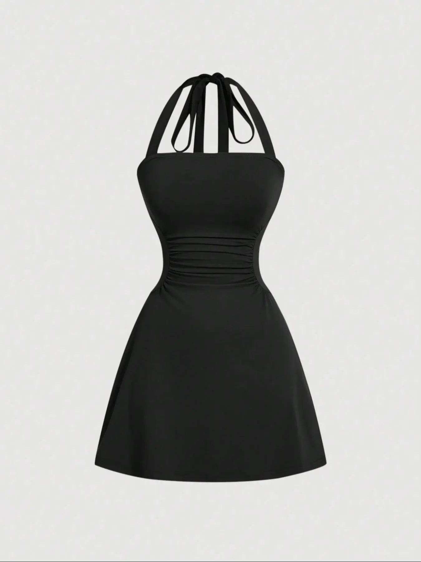 NINONERA Plain Ruched Tie Back Halter Neck Dress — Black