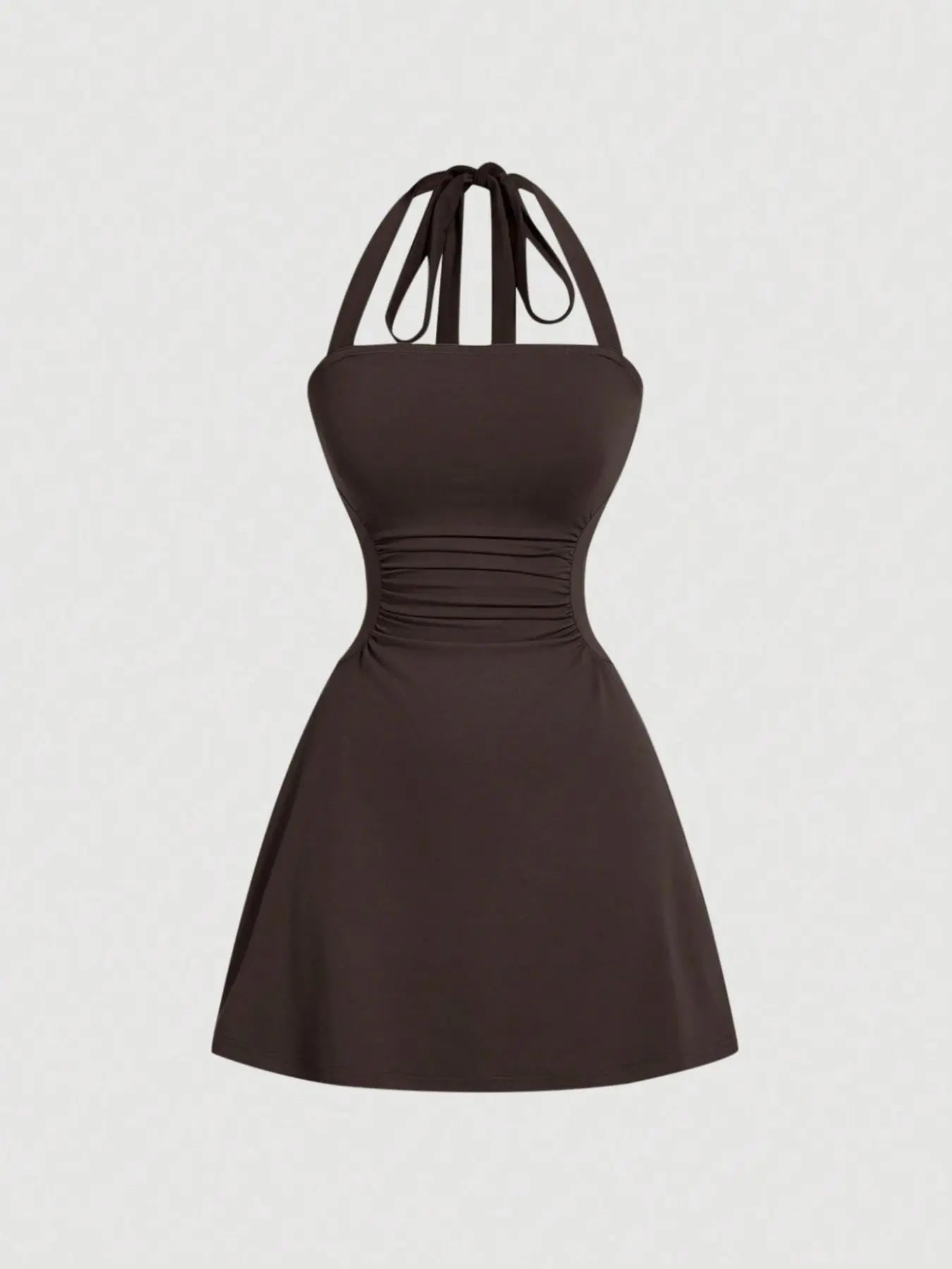NINONERA Plain Ruched Tie Back Halter Neck Dress — Dark Brown