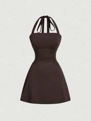 NINONERA Plain Ruched Tie Back Halter Neck Dress — Dark Brown