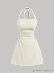 NINONERA Plain Ruched Tie Back Halter Neck Dress — Cream