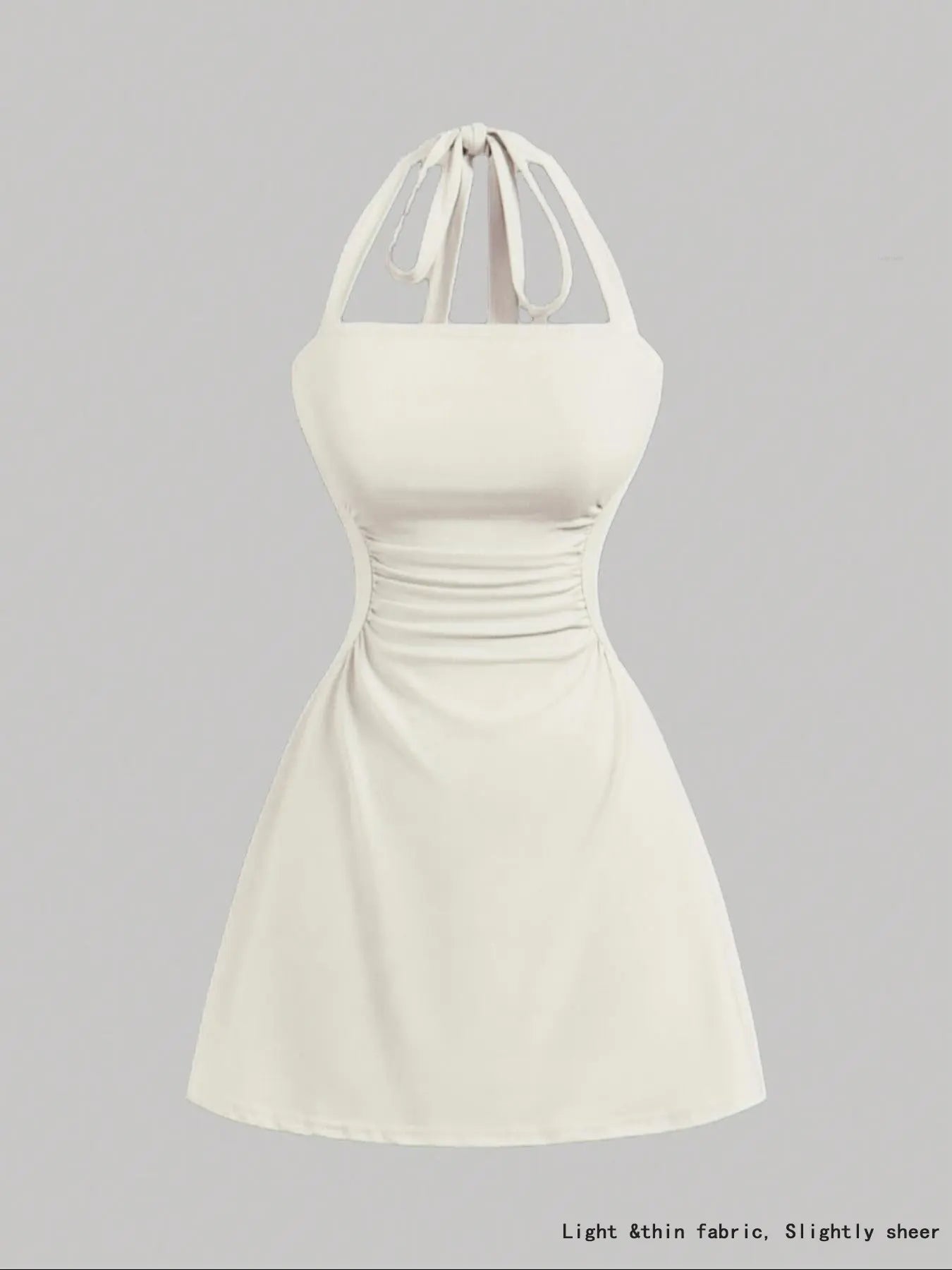 NINONERA Plain Ruched Tie Back Halter Neck Dress — Cream