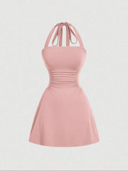 NINONERA Plain Ruched Tie Back Halter Neck Dress — Pink