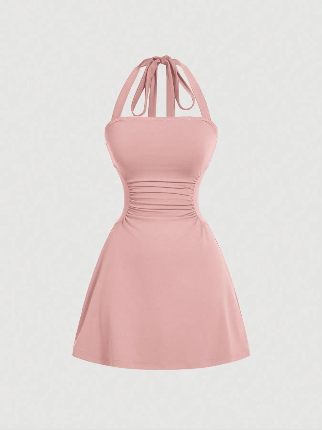 NINONERA Plain Ruched Tie Back Halter Neck Dress — Pink