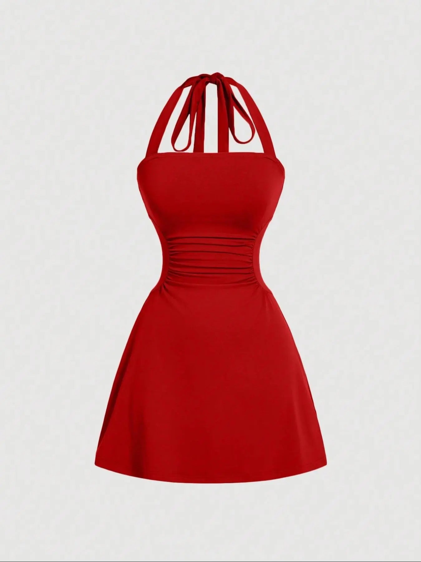 NINONERA Plain Ruched Tie Back Halter Neck Dress — Red