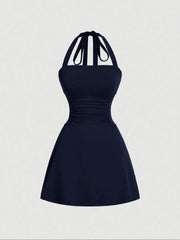NINONERA Plain Ruched Tie Back Halter Neck Dress — Dark Wash