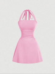 NINONERA Plain Ruched Tie Back Halter Neck Dress — Coral Pink