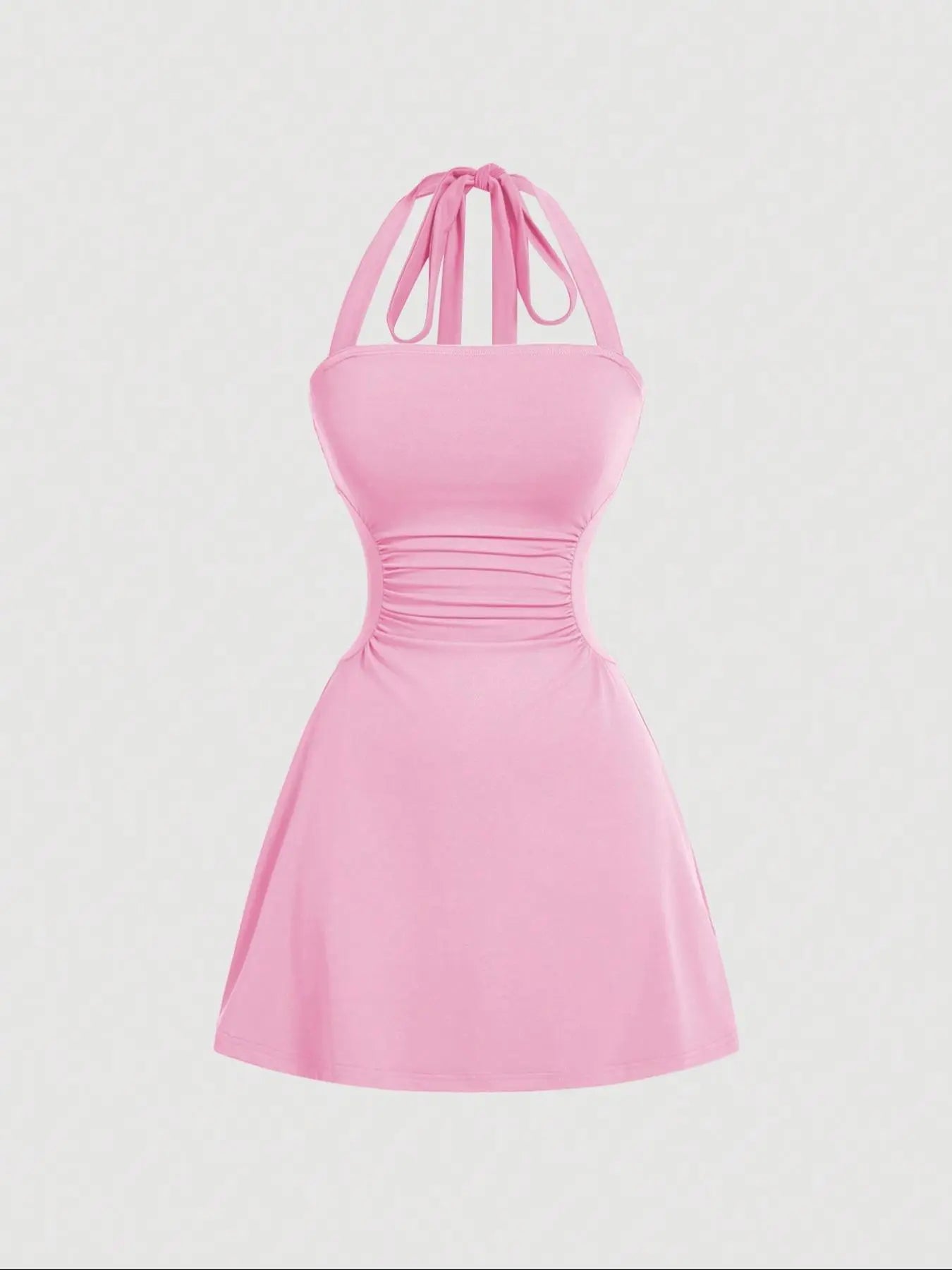 NINONERA Plain Ruched Tie Back Halter Neck Dress — Coral Pink