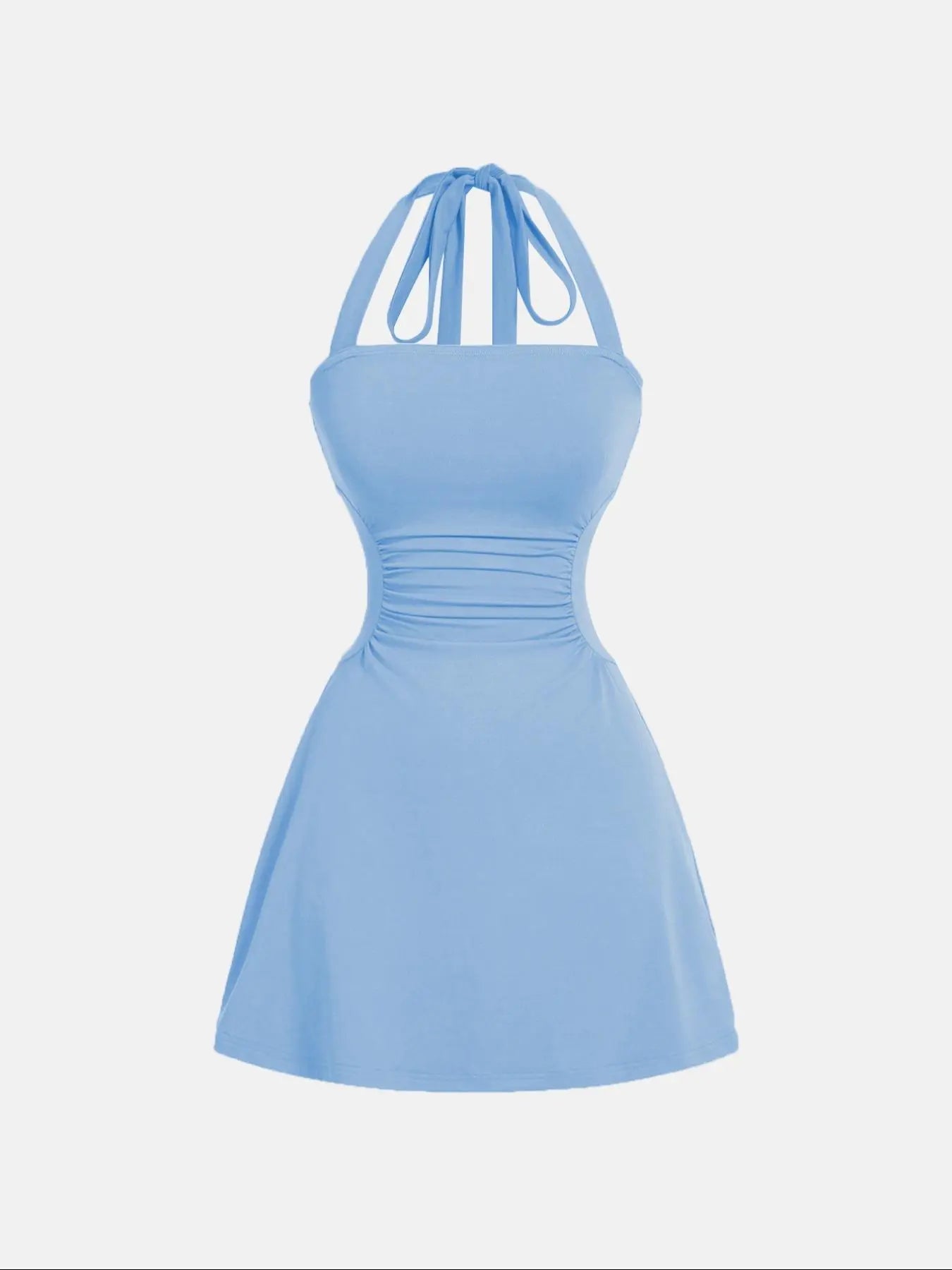 NINONERA Plain Ruched Tie Back Halter Neck Dress — Light Wash