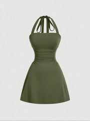 NINONERA Plain Ruched Tie Back Halter Neck Dress — Army Green
