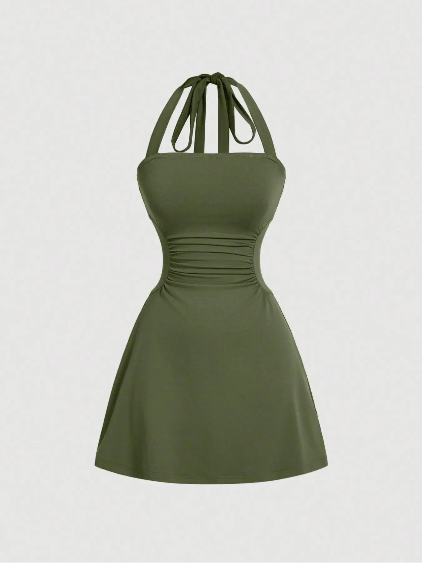 NINONERA Plain Ruched Tie Back Halter Neck Dress — Army Green