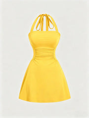 NINONERA Plain Ruched Tie Back Halter Neck Dress — Lemon Yellow