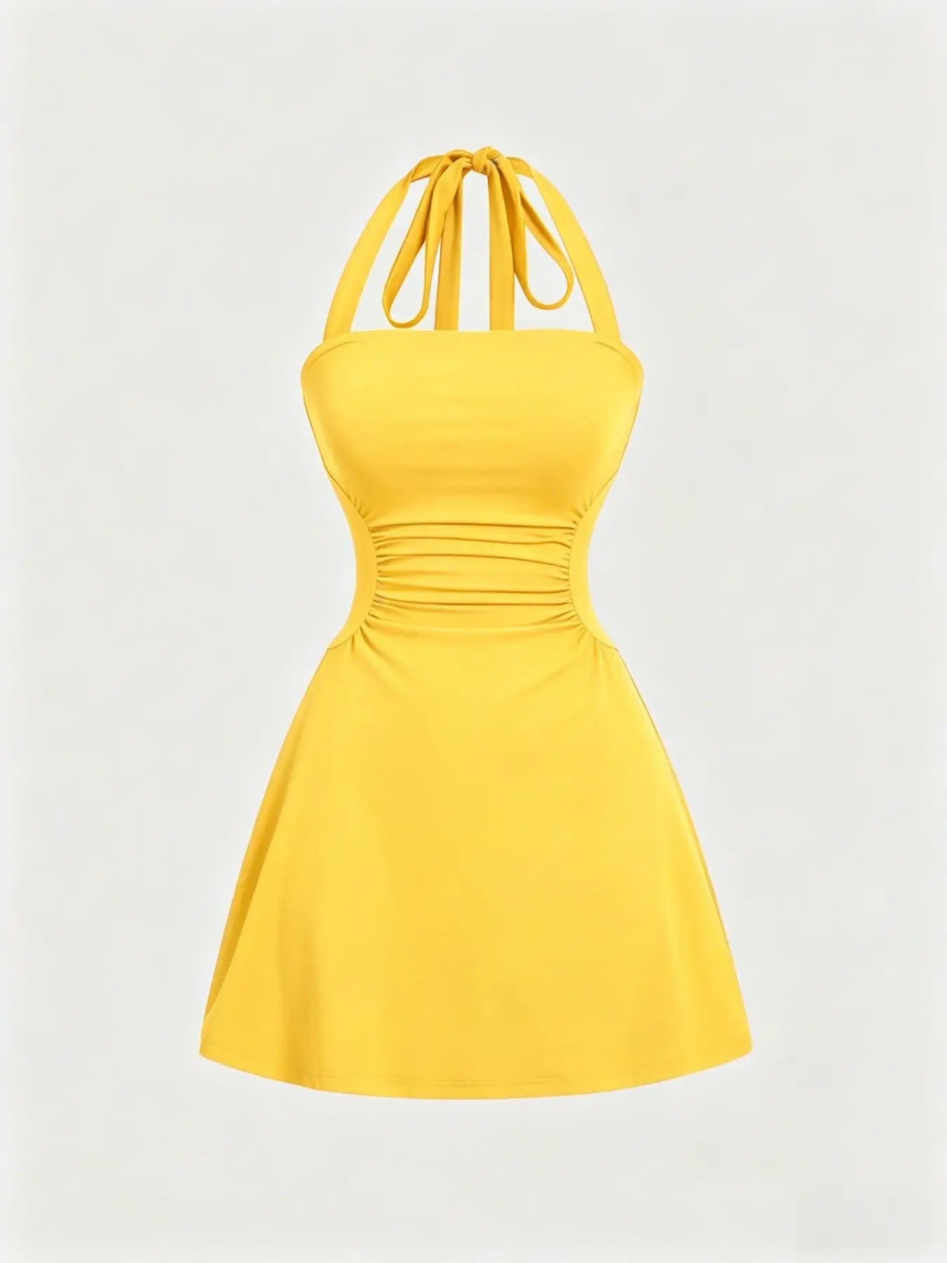 NINONERA Plain Ruched Tie Back Halter Neck Dress — Lemon Yellow
