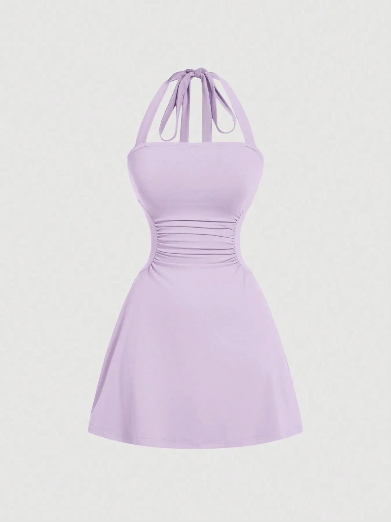 NINONERA Plain Ruched Tie Back Halter Neck Dress — Mauve Purple