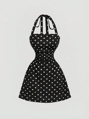 NINONERA Plain Ruched Tie Back Halter Neck Dress — White polka dot print