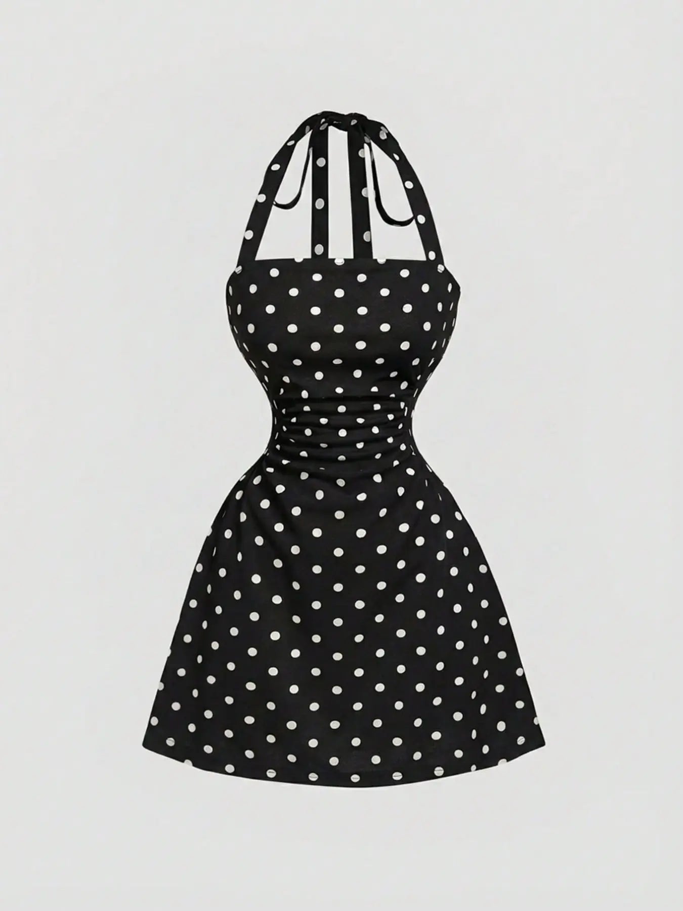 NINONERA Plain Ruched Tie Back Halter Neck Dress — White polka dot print