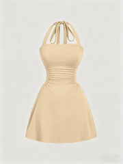 NINONERA Plain Ruched Tie Back Halter Neck Dress — Apricot