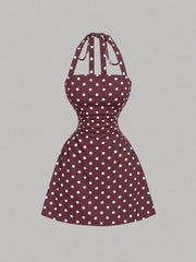 NINONERA Plain Ruched Tie Back Halter Neck Dress — Red curry base with white spots