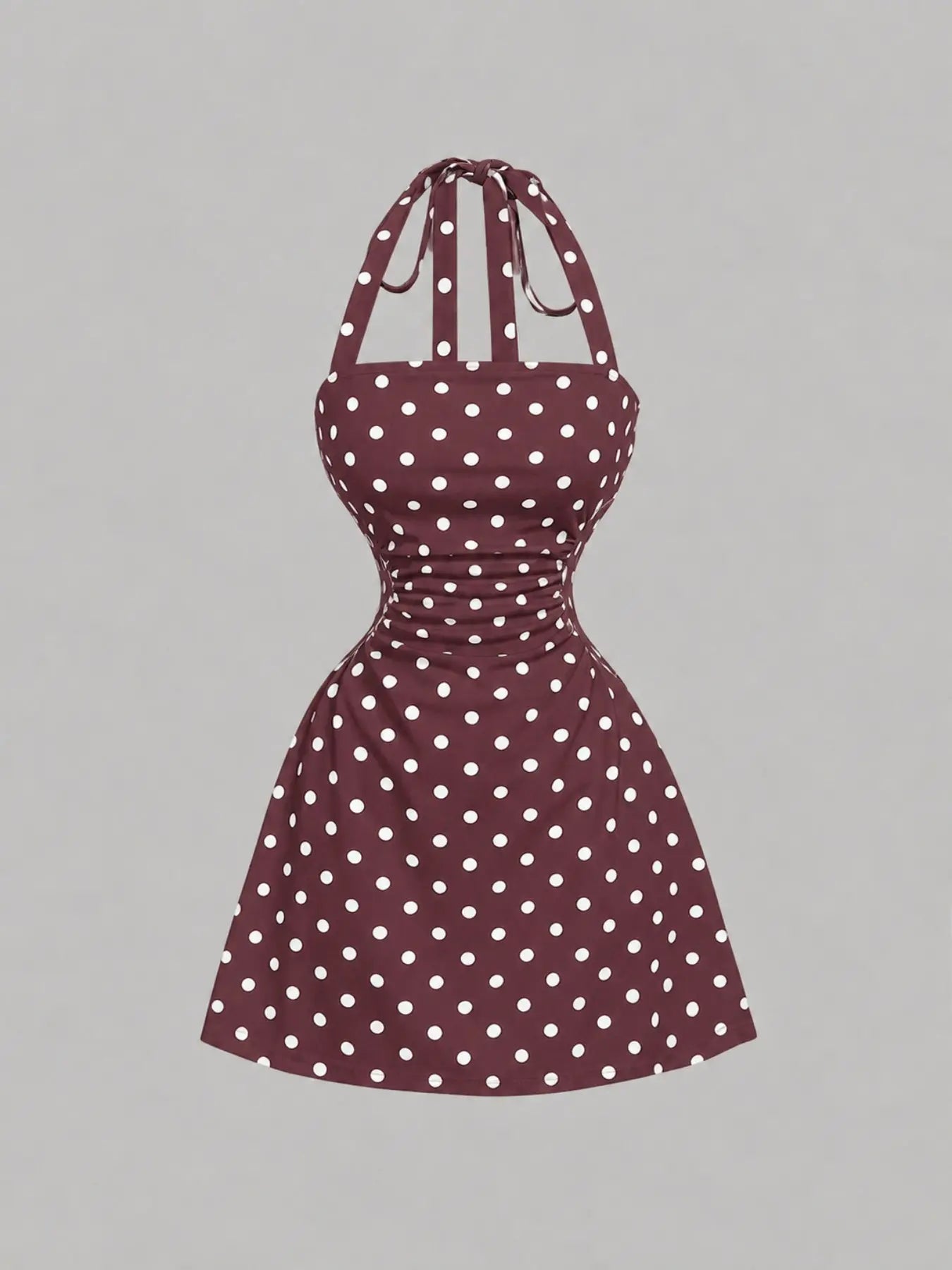 NINONERA Plain Ruched Tie Back Halter Neck Dress — Red curry base with white spots