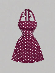 NINONERA Plain Ruched Tie Back Halter Neck Dress — Wine red base with white dots