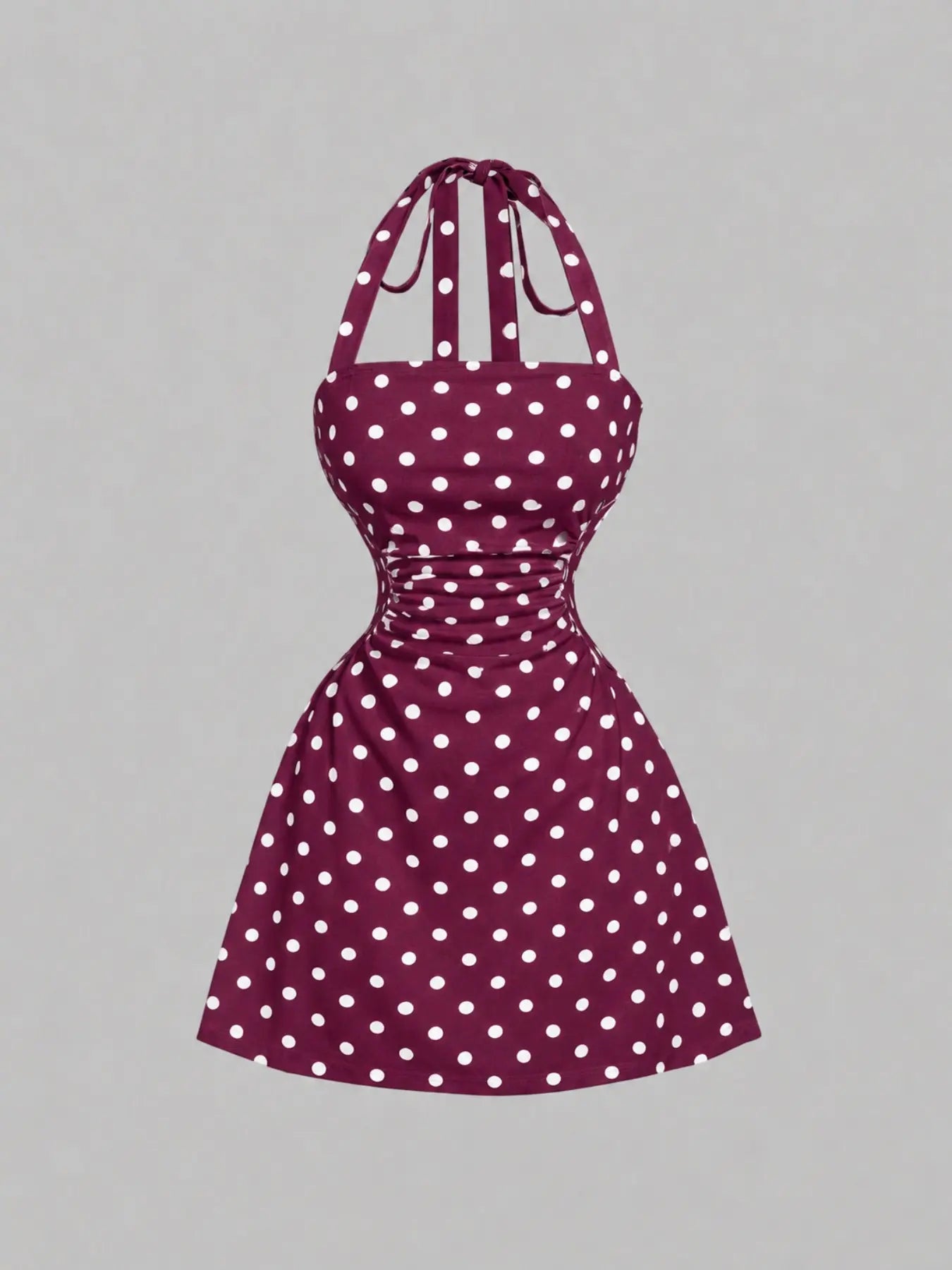 NINONERA Plain Ruched Tie Back Halter Neck Dress — Wine red base with white dots