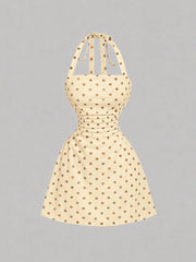 NINONERA Plain Ruched Tie Back Halter Neck Dress — Yellow base with brown spots