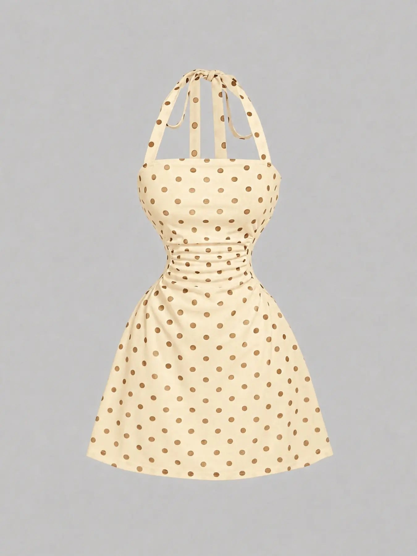 NINONERA Plain Ruched Tie Back Halter Neck Dress — Yellow base with brown spots