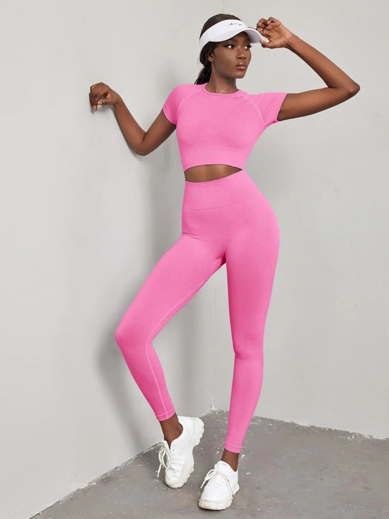 NINONERA Seamless Nylon High Stretch Yoga Fitness Short Sleeve Top and Slimming Butt Lifting High Waisted Athletic — Baby Pink