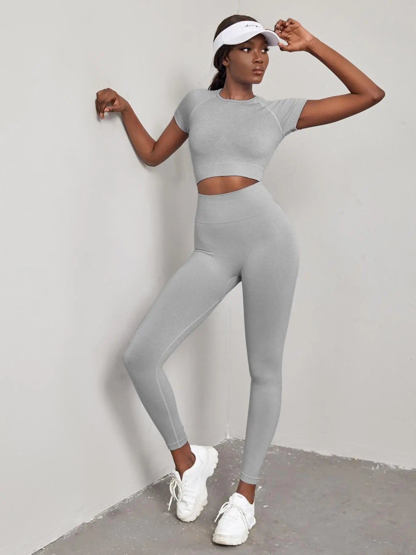 NINONERA Seamless Nylon High Stretch Yoga Fitness Short Sleeve Top and Slimming Butt Lifting High Waisted Athletic — Grey