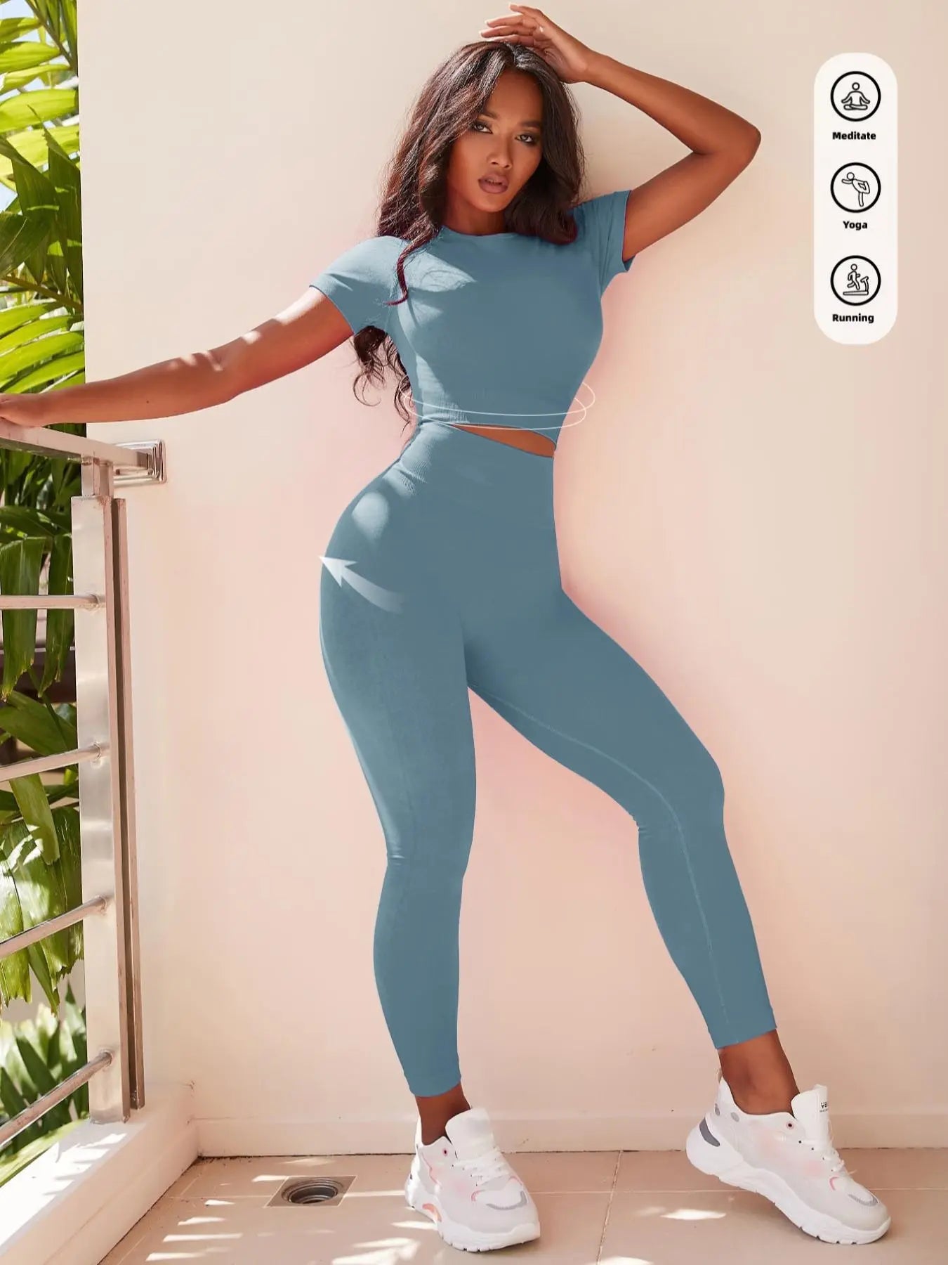 NINONERA Seamless Nylon High-Stretch Yoga Top & Slimming Butt-Lifting High-Waisted Leggings — Blue