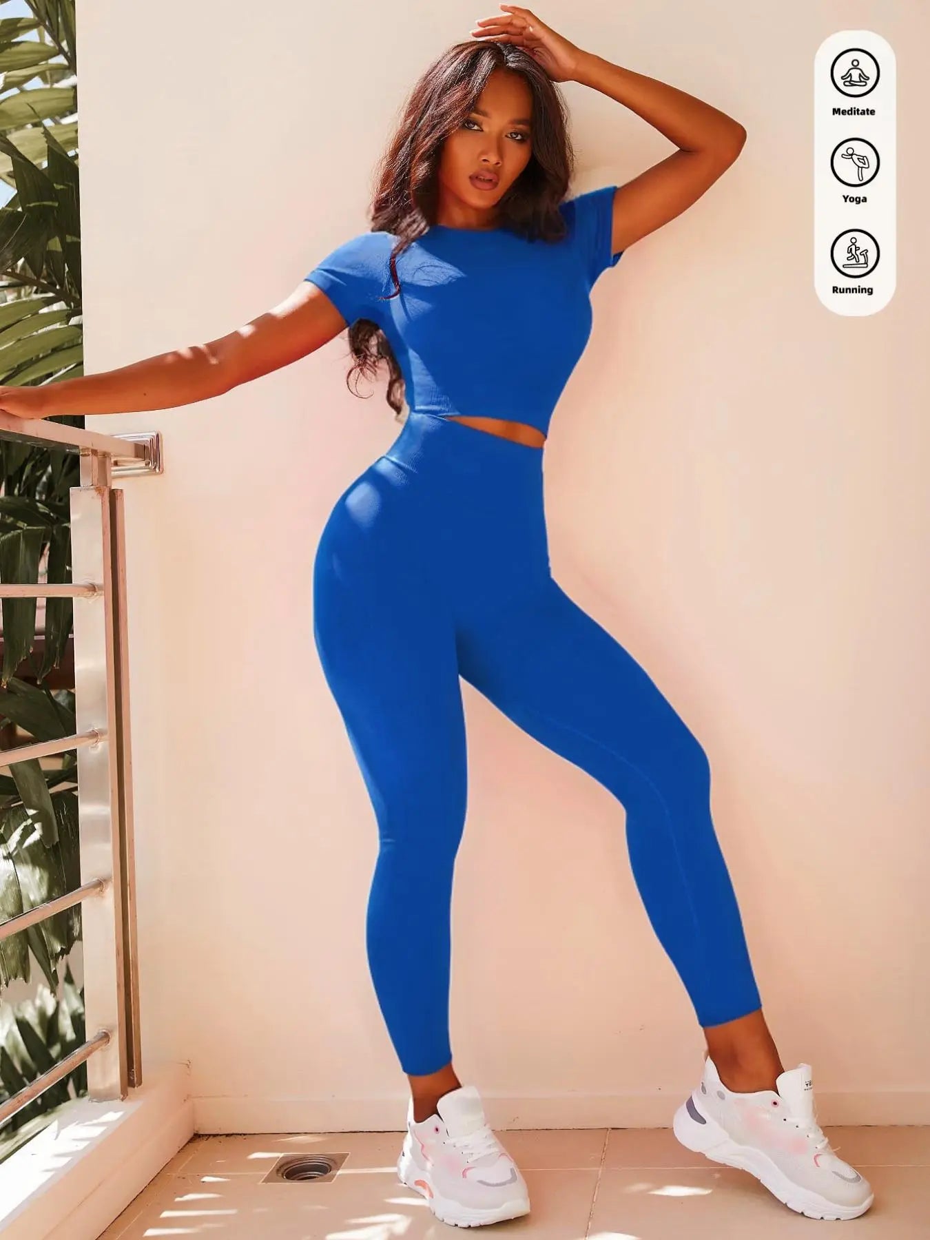 NINONERA Seamless Nylon High Stretch Yoga Fitness Short Sleeve Top and Slimming Butt Lifting High Waisted Athletic — Royal Blue