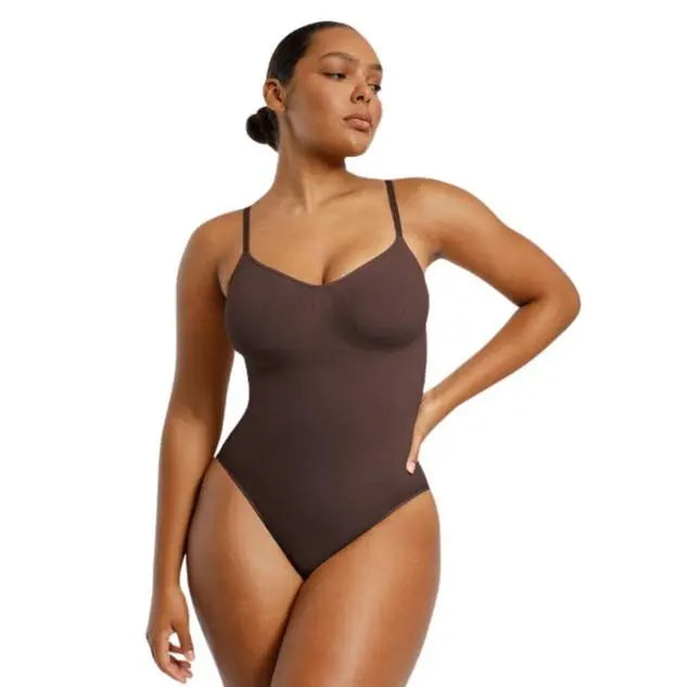 NINONERA Seamless One-Piece Tummy Tucking Bodysuit Comfort Sleeveless Tops Shapewear for Women Soft V Neck Simple — Thinner Strap Brown