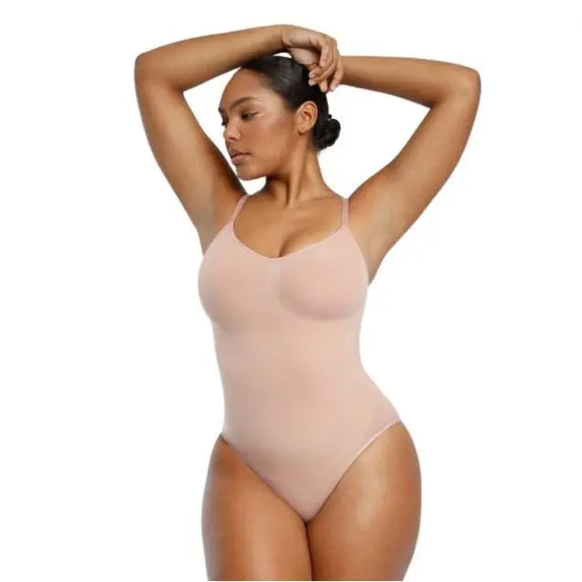 NINONERA Seamless One-Piece Tummy Tucking Bodysuit Comfort Sleeveless Tops Shapewear for Women Soft V Neck Simple — Thinner Strap Skin
