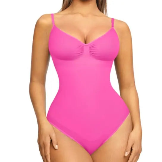 NINONERA Seamless One-Piece Tummy Tucking Bodysuit Comfort Sleeveless Tops Shapewear for Women Soft V Neck Simple — Thinner Strap Pink