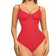NINONERA Seamless One-Piece Tummy-Tucking Sleeveless Bodysuit with Soft V-Neck — Thinner Strap Red
