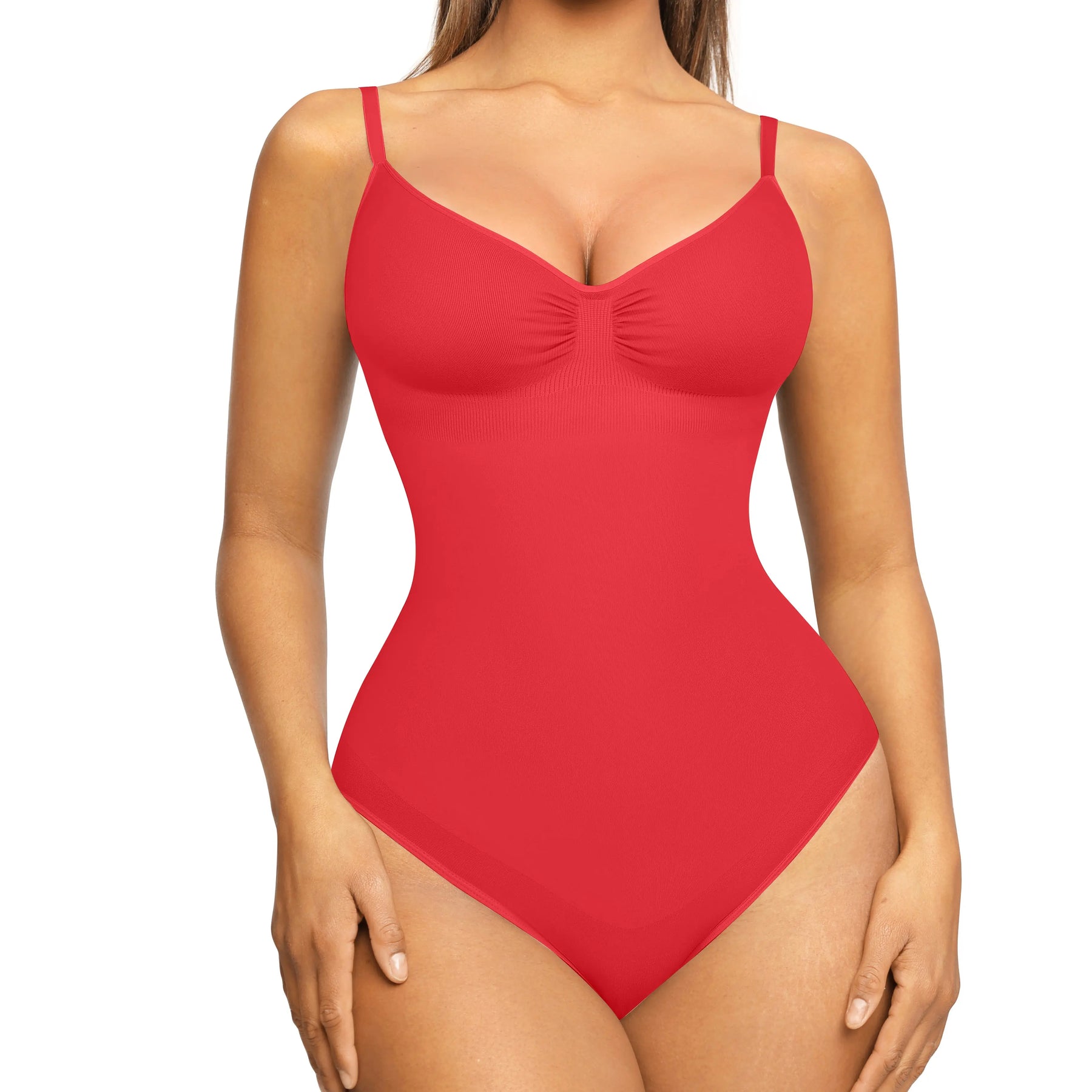 NINONERA Seamless One-Piece Tummy-Tucking Sleeveless Bodysuit with Soft V-Neck — Thinner Strap Red