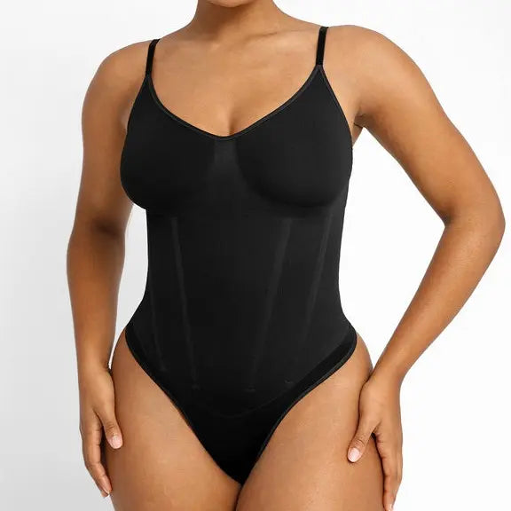 NINONERA Seamless One-Piece Tummy-Tucking Sleeveless Bodysuit with Soft V-Neck — Corset Thong Black