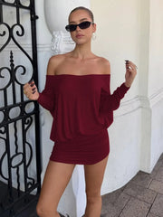 NINONERA Sheer Ruched Casual Party Dress — Burgundy