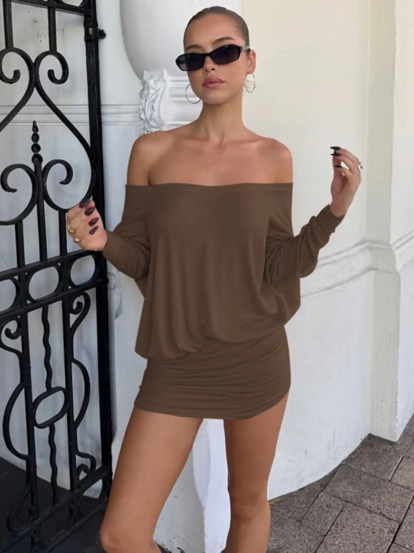 NINONERA Sheer Ruched Casual Party Dress — Brown