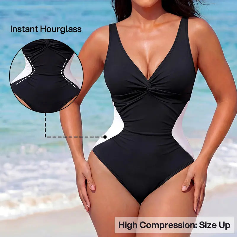 NINONERA Front-Twist Ruched Tummy-Control Hourglass Illusion Swimsuit - Size Up for Best Fit — One Piece BlackWhite
