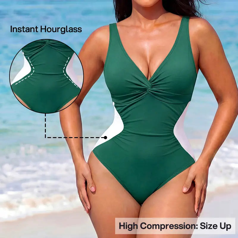 NINONERA Front-Twist Ruched Tummy-Control Hourglass Illusion Swimsuit - Size Up for Best Fit — One Piece GreenWhite