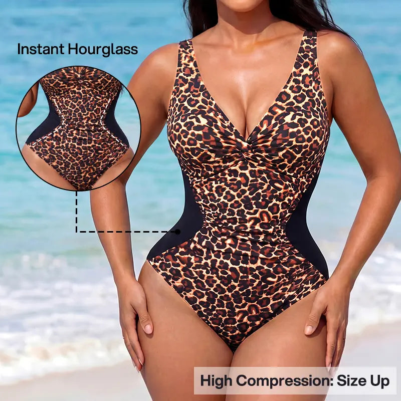 NINONERA Front-Twist Ruched Tummy-Control Hourglass Illusion Swimsuit - Size Up for Best Fit — One Piece LeopardBlack