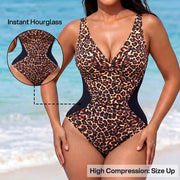 NINONERA Front-Twist Ruched Tummy-Control Hourglass Illusion Swimsuit - Size Up for Best Fit — One Piece LeopardBlack